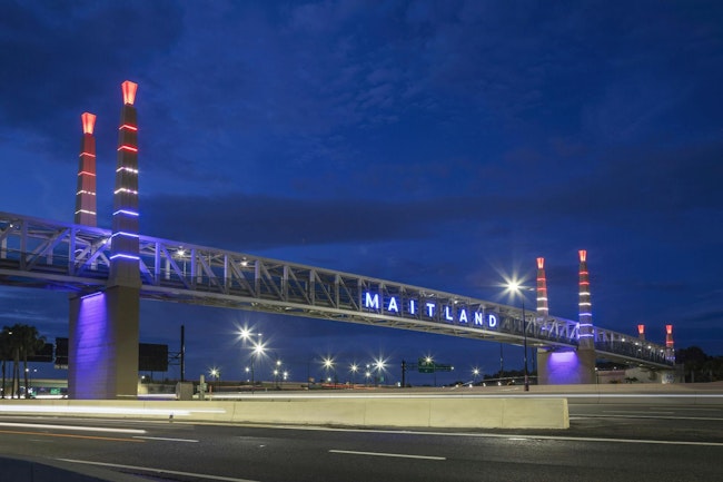 Pedestrian bridge connects high-use sidewalks across Florida Interstate 4 at Maitland Boulevard.