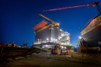 The Aibel substation with Glamox lighting sitting at the dock in Haugesund, Norway (above) before sailing to the Dogger Bank Wind Farm in March. Glamox is lighting both the interior and exterior (photos below).