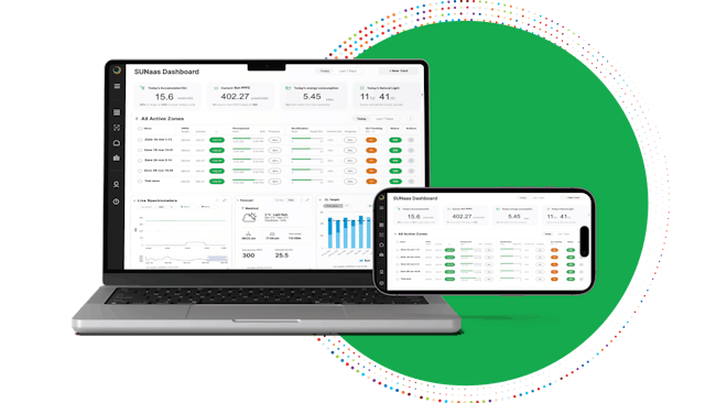 Modern horticultural lighting often looks colorful with pink, purple, orange, and other hues. But this is another face of it: a dashboard screen to Sollum’s Sun as a Service software, in both laptop and phone formats.